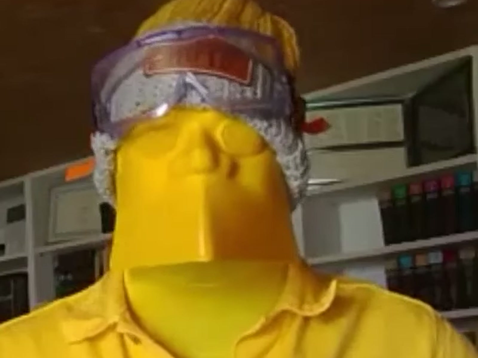 One of the PoliePals, masked, a frame from their own film